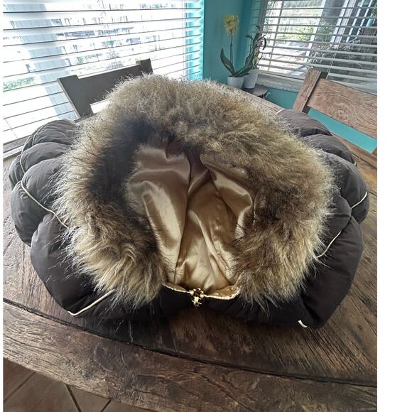 JLo Brown Reversable Gold Fur Hooded Super Thick Puffer Jacket - Picture 10 of 10